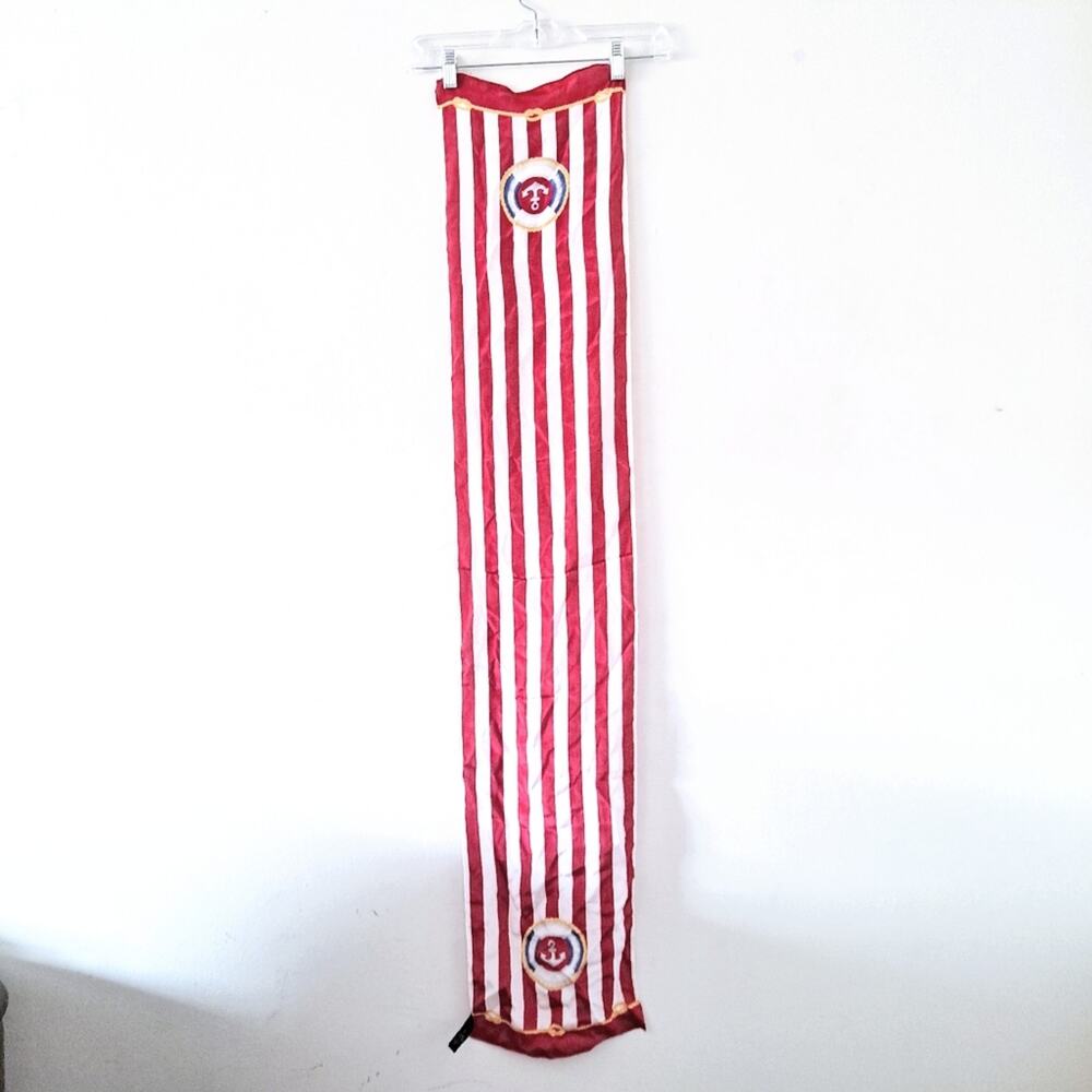 Lands' End Nautical Red Stripe Rope & Anchor Rectangular Silk Scarf 10" X 52"